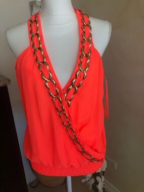 bebe Neon Coral Halter Top with Gold Chain Trim